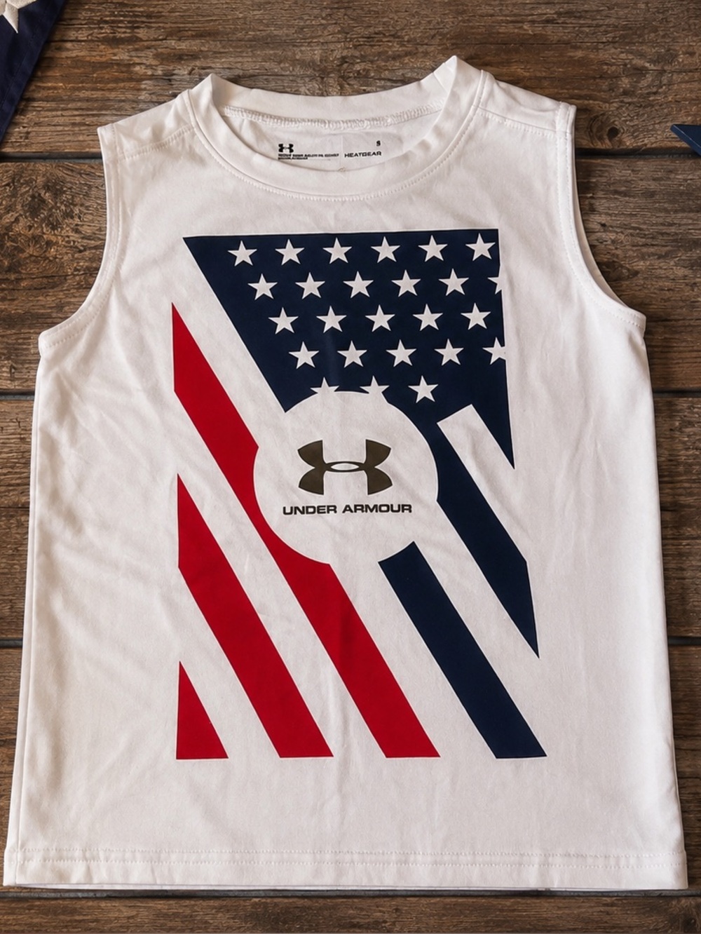 Under Armour White Tank Top with Red & Navy Flag Graphic